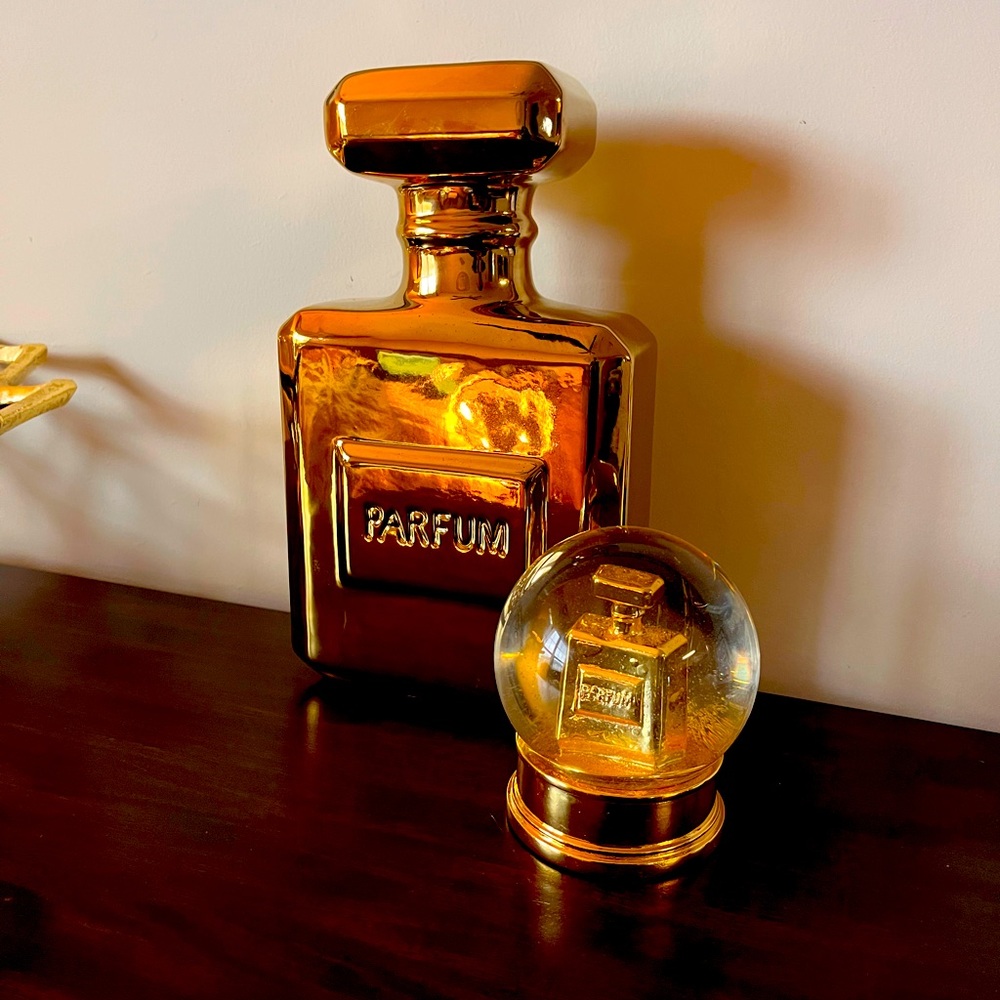 Z GALLERIE Parfum Bottle Coin Bank and Parfum Snow Globe